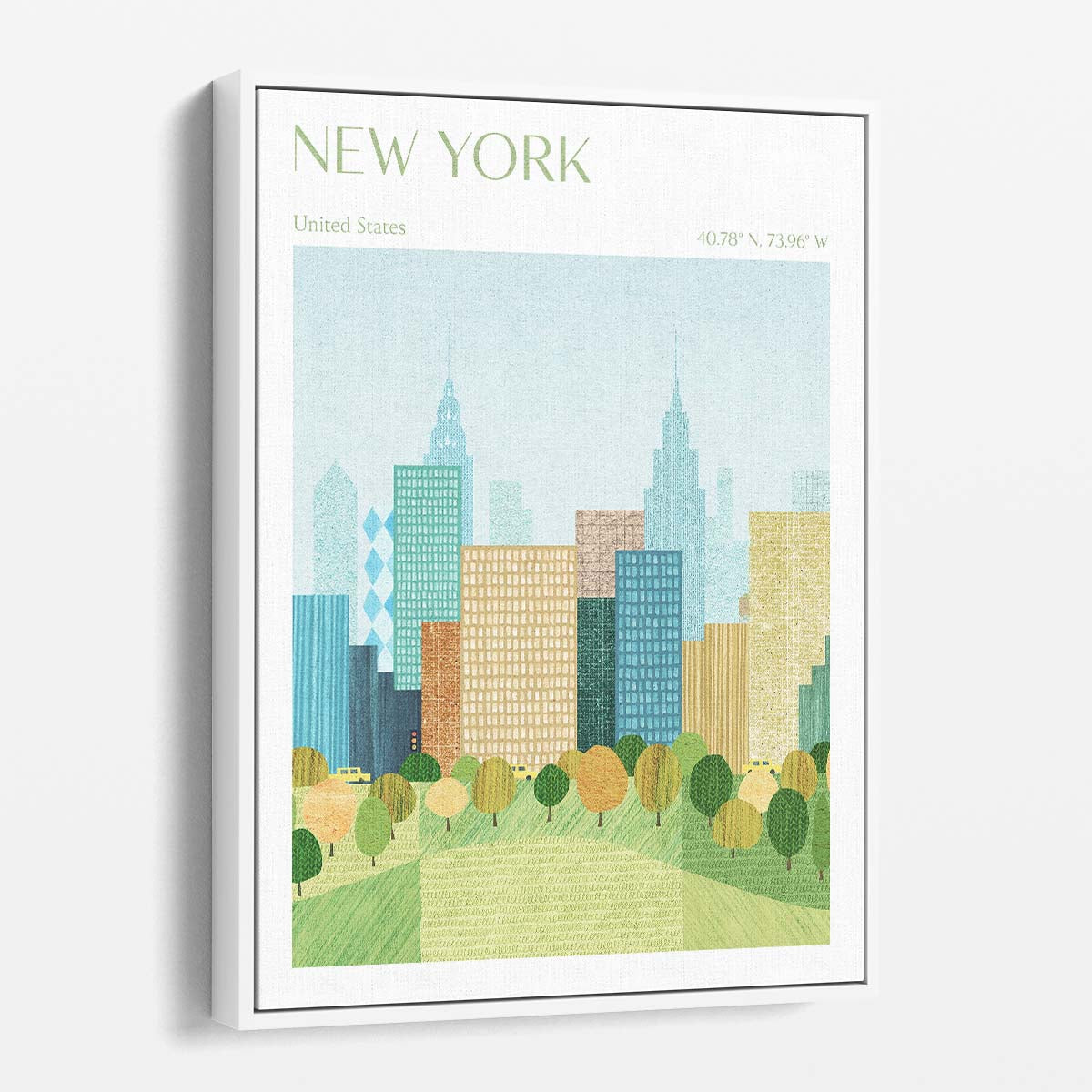 Colorful NYC Central Park Illustration Buildings, Cars, Trees Poster by Luxuriance Designs, made in USA