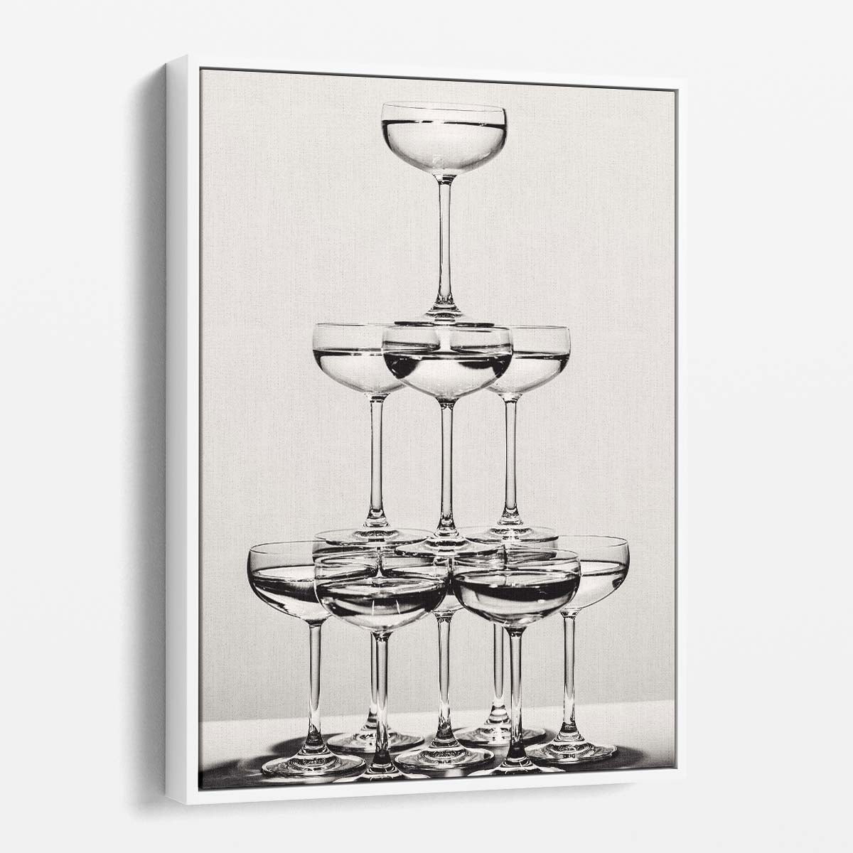 Monochrome Still Life Champagne Tower Photography for Bar Decor by Luxuriance Designs, made in USA