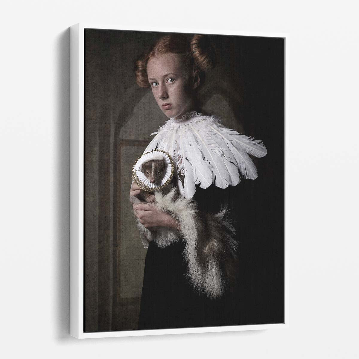 Vintage Dutch Girl Portrait with Skunk, Feathered Collar Photography Art by Luxuriance Designs, made in USA