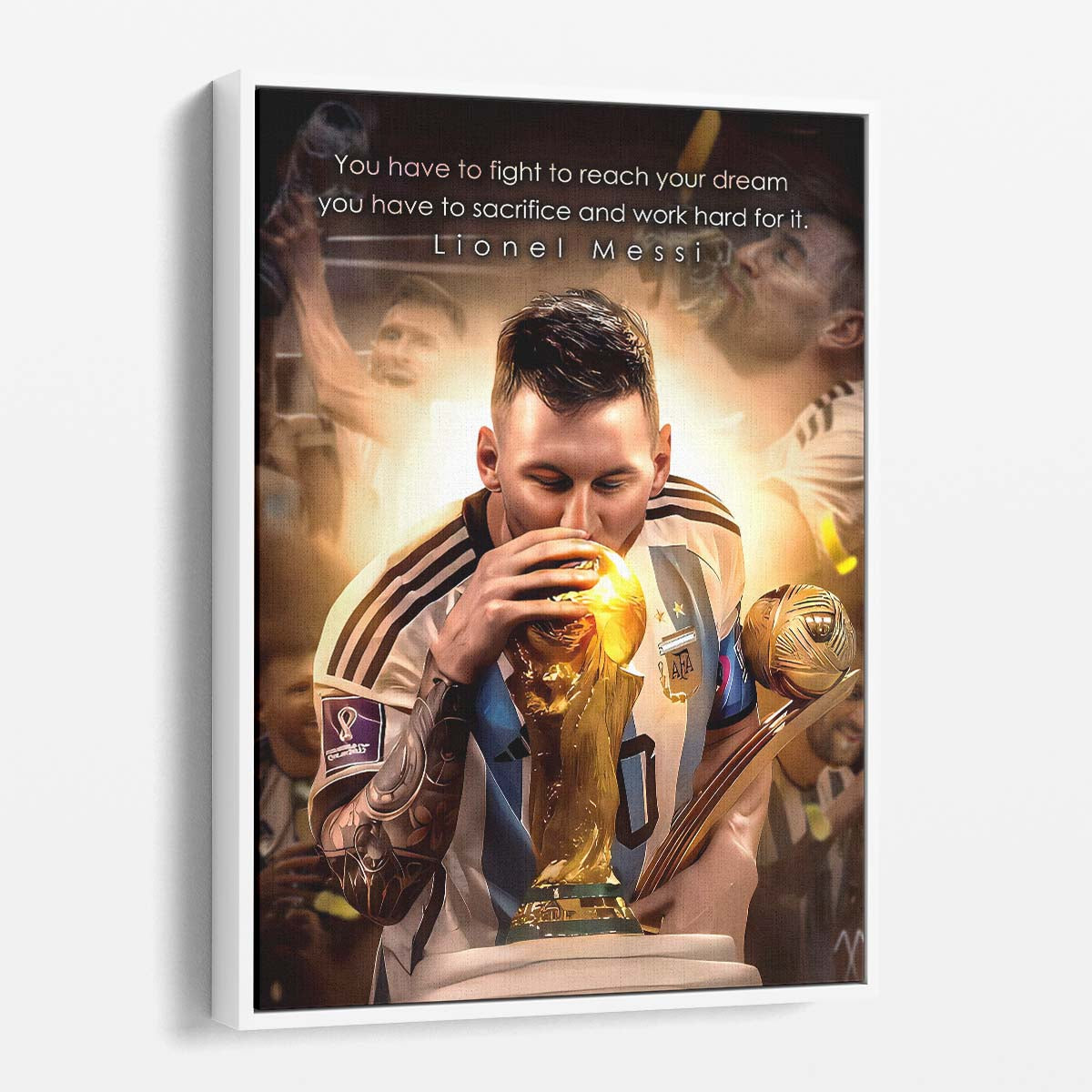 Leo Messi Kissing World Cup Trophy Wall Art by Luxuriance Designs. Made in USA.