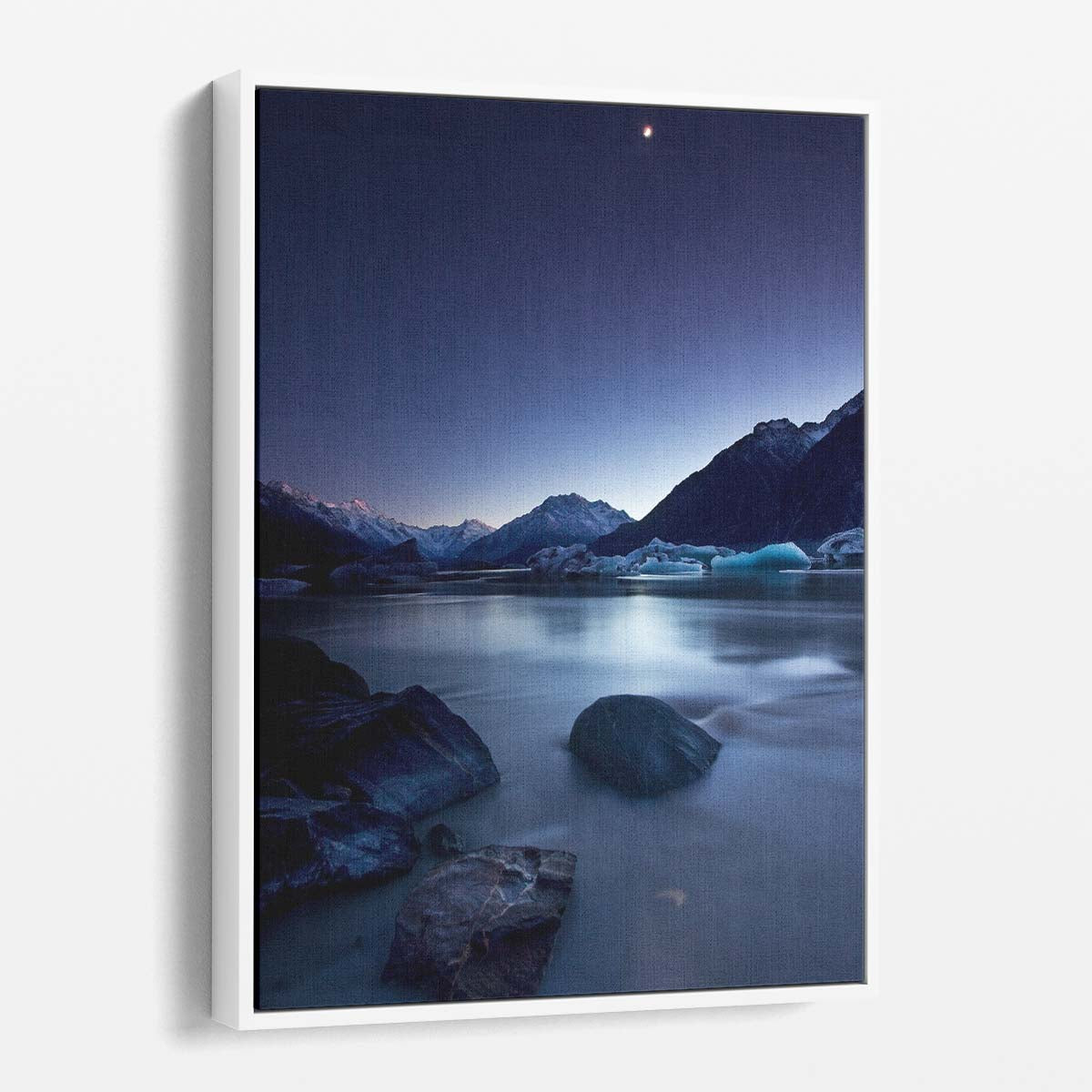 Blue Moonlit New Zealand Seascape Photography Serene Mountain and River Landscape by Luxuriance Designs, made in USA