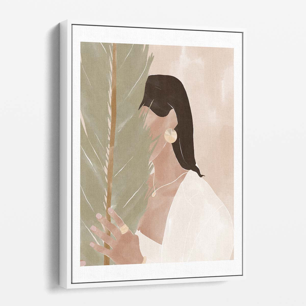 Botanical Boho Girl Portrait, Brunette with Plant Illustration Artwork by Luxuriance Designs, made in USA