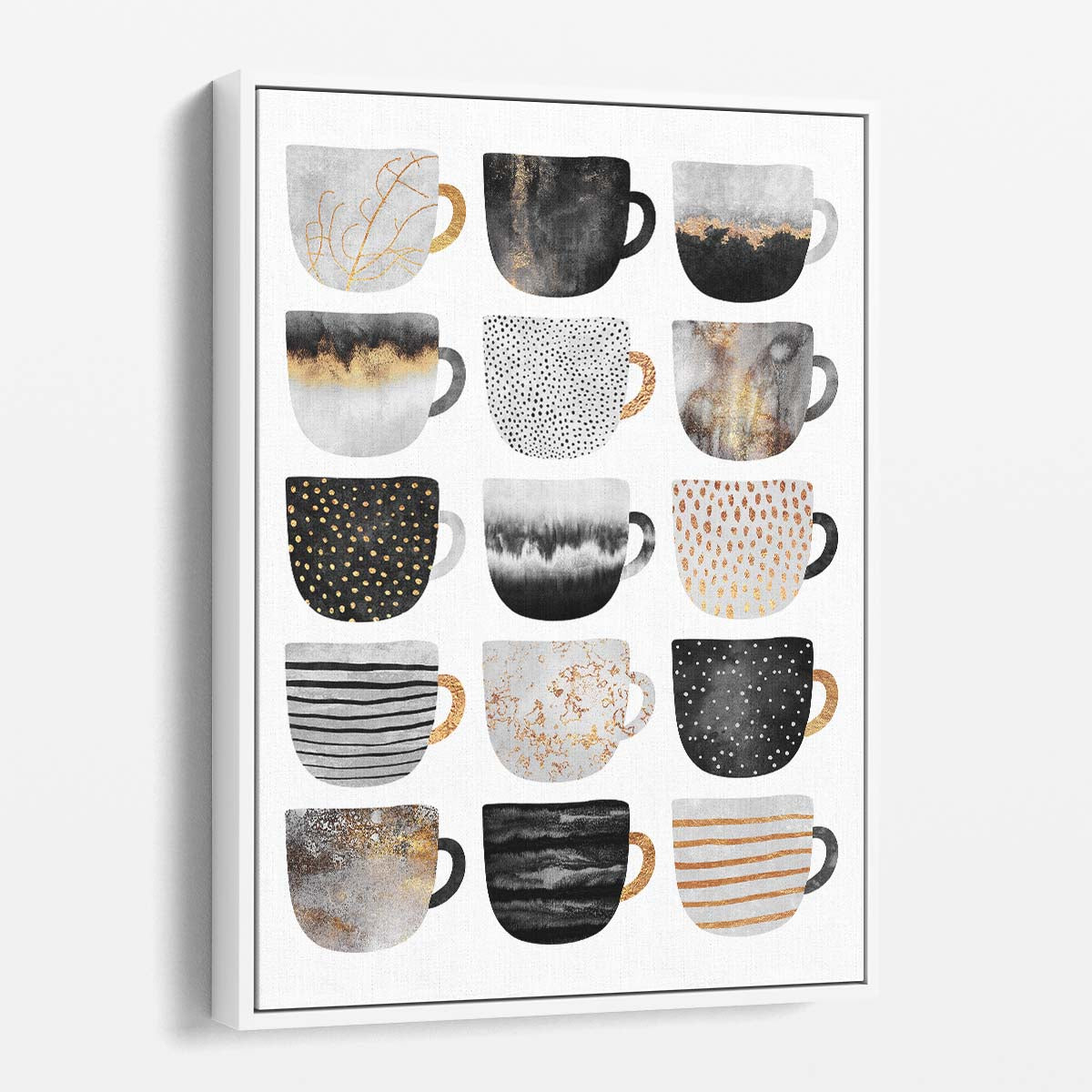 Golden Coffee Cups Illustration, Bright Kitchen Wall Art by Luxuriance Designs, made in USA