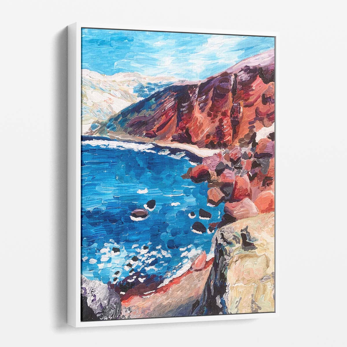 Santorini Red Sand Beach Acrylic Illustration Artwork, Greece Coastal Landscape by Luxuriance Designs, made in USA