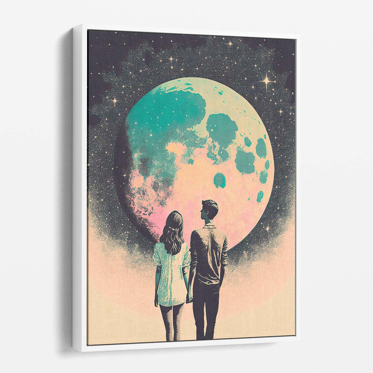 Pastel Moonlit Love Illustration Starry Night Couple Wall Art by Luxuriance Designs, made in USA