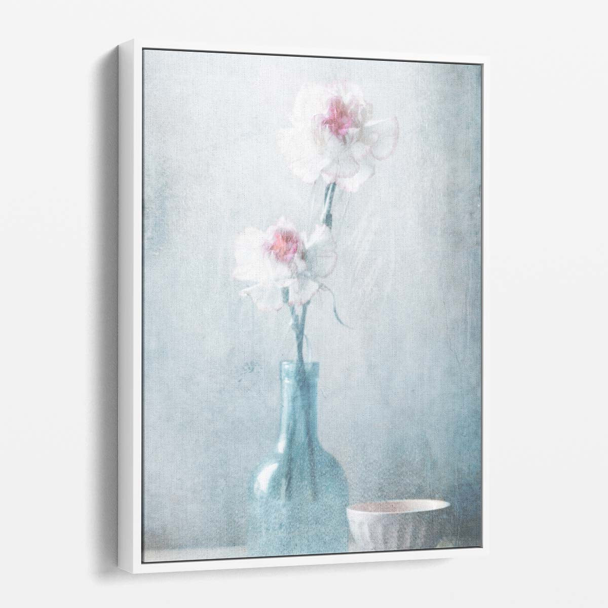 Painterly Floral Still Life Photography Grainy Blue Vase with Pink Flowers by Luxuriance Designs, made in USA