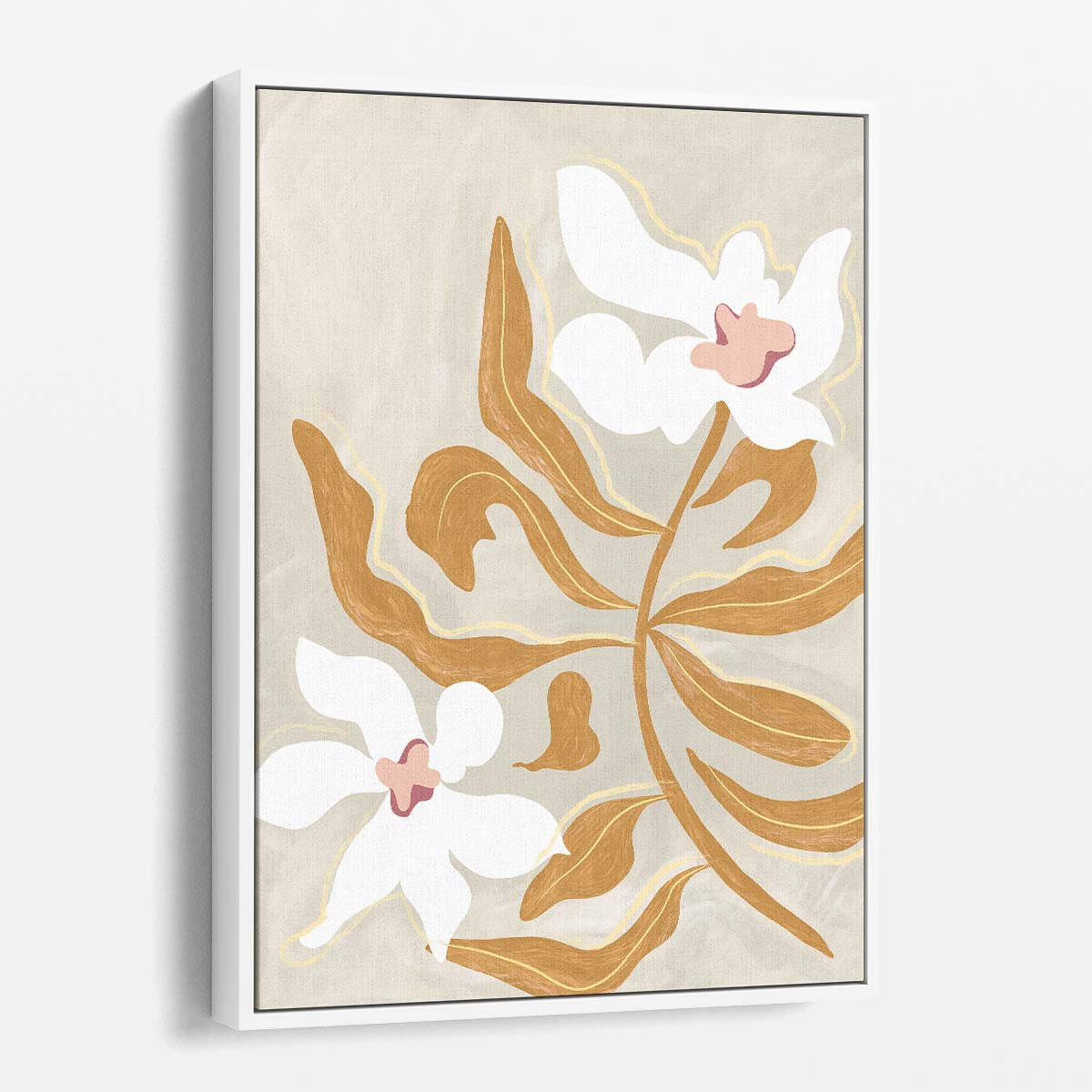 Colorful Abstract Floral Illustration Boho, White Flower Brown Leaves by Luxuriance Designs, made in USA