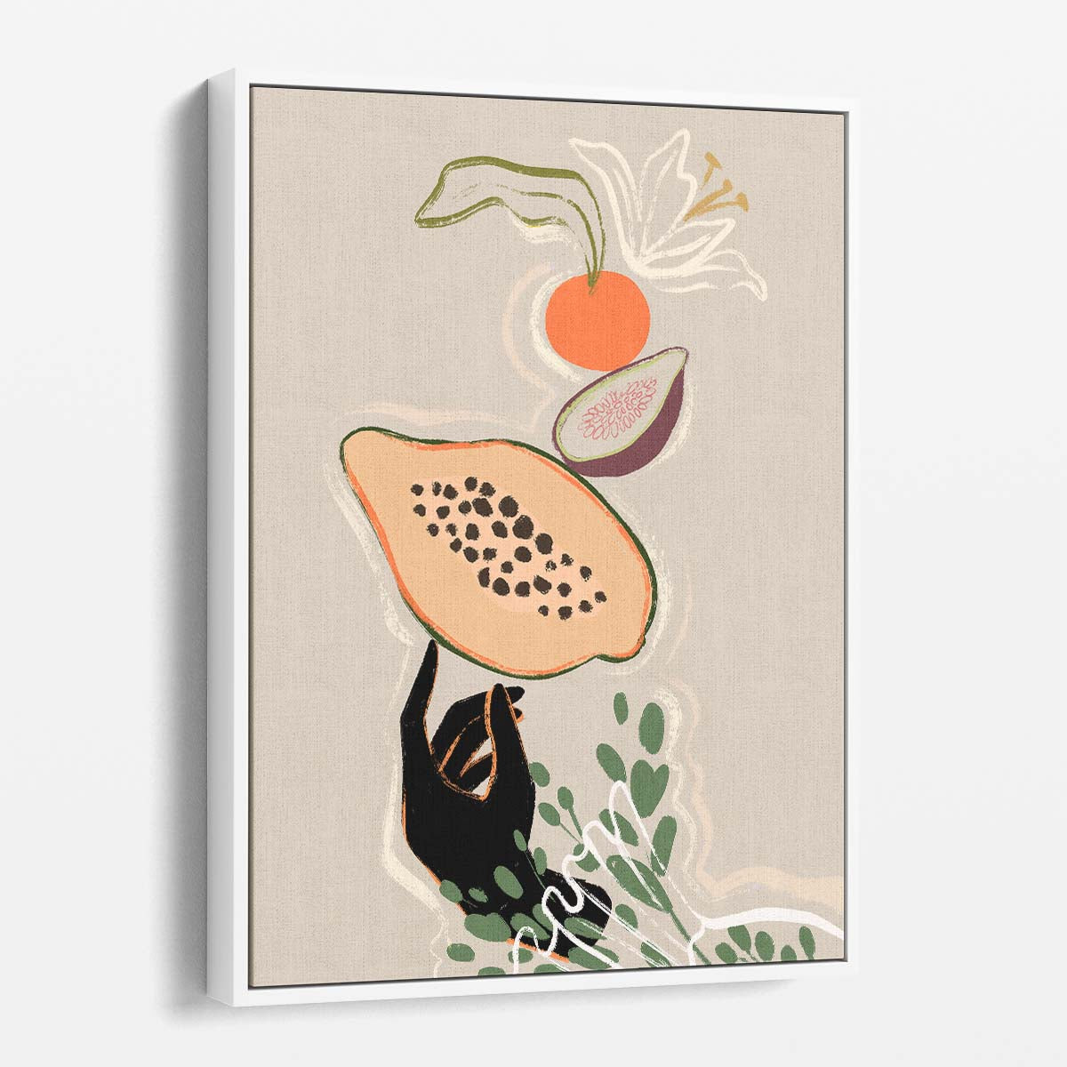 Colorful Boho Illustration of Woman Balancing Fresh Fruits in Kitchen by Luxuriance Designs, made in USA