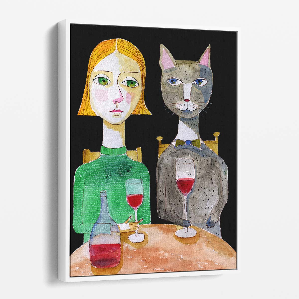 Sharyn Bursic's Illustration of Woman and Cat Enjoying Wine in Bar by Luxuriance Designs, made in USA