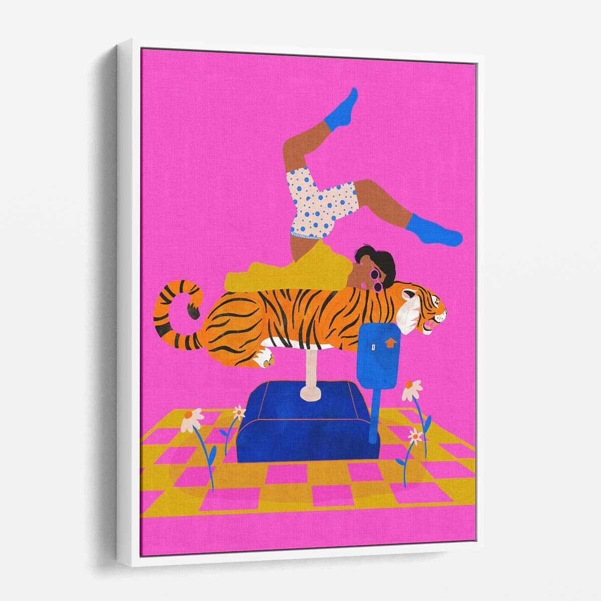 Surreal Floral Woman Posing on Tiger Illustration Art by Luxuriance Designs, made in USA