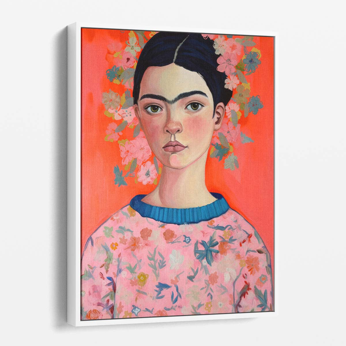 Colorful Young Frida Kahlo Illustration with Big Eyes & Flowers by Luxuriance Designs, made in USA