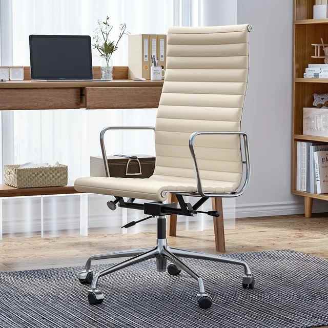Luxuriance Designs - Eames Aluminum Group Office Chair Replica | Top Grain Leather - White Color and High Backrest - Review